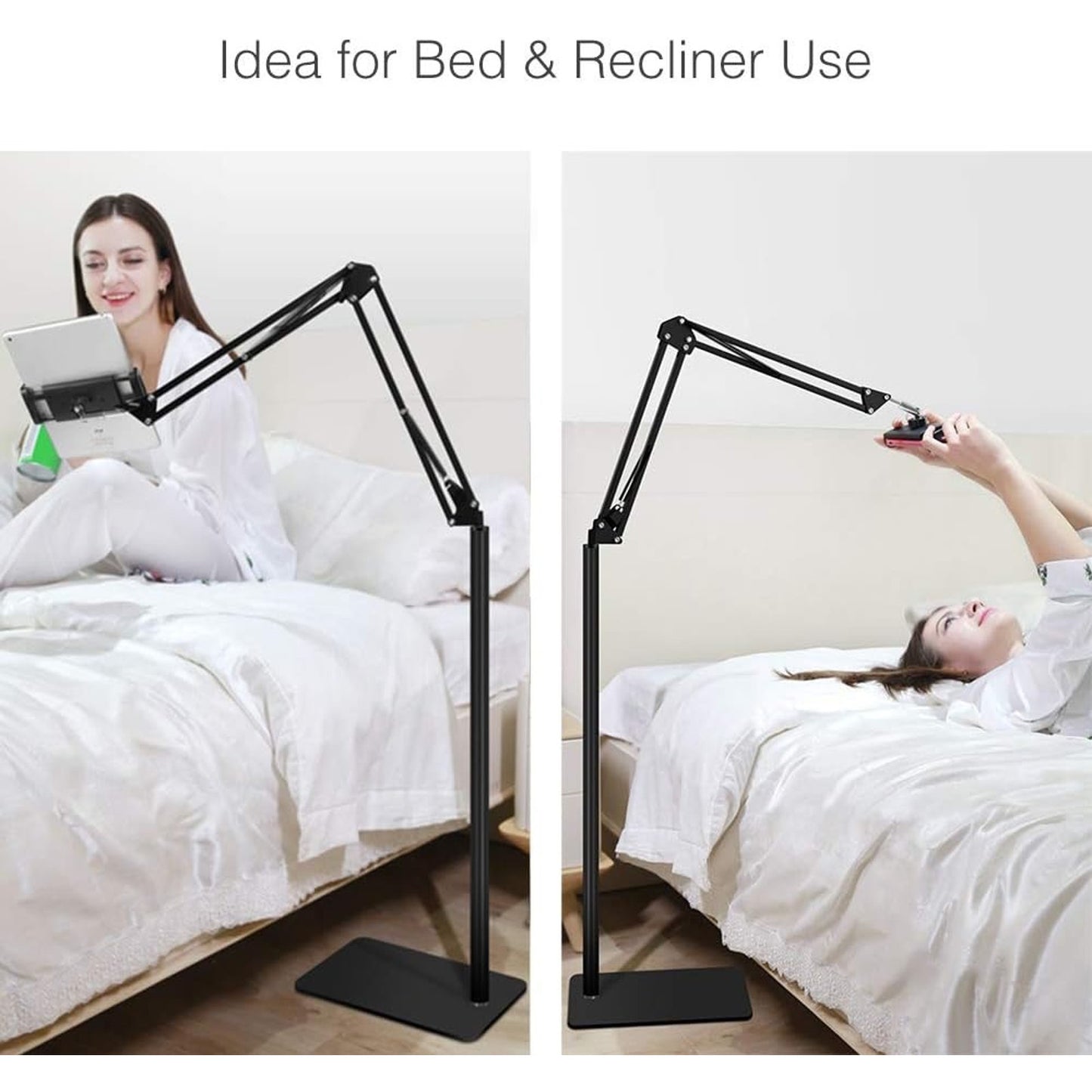 Tablet Floor Stand With 5LB Metal Base, Overhead Bed Phone Stand Angle Height Adjustable Holder, Universal Floor Stand Compatible With IPhone IPad Pro Air Mini, Samsung Tab, Kindle, E-Readers.
