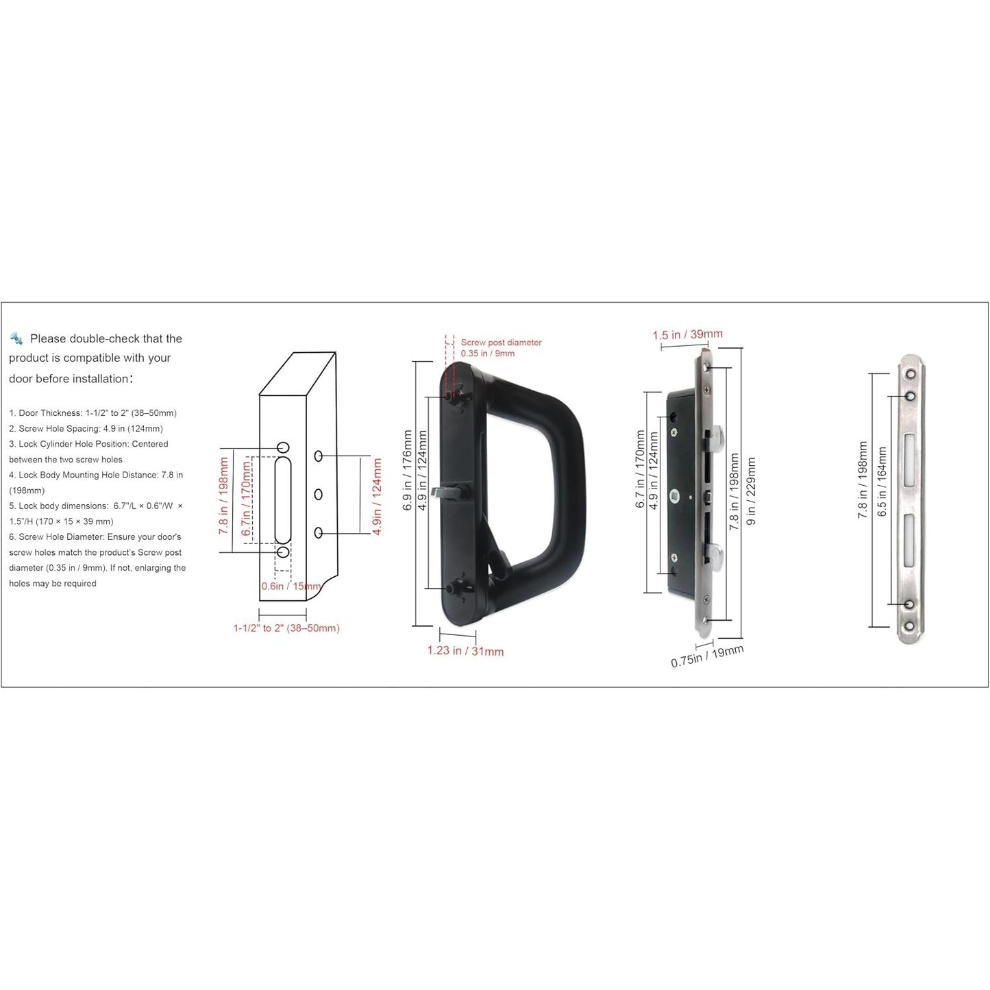 ALLYWASAI Sliding Patio Door Handle Set With Mortise Lock, Suitable For Sliding Glass Patio Door Thickness From 1.5in To 2in, 4-15/16" Screw Holes, Need To Drill, Reversible Design, Keyed, Black