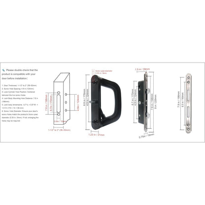 ALLYWASAI Sliding Patio Door Handle Set With Mortise Lock, Suitable For Sliding Glass Patio Door Thickness From 1.5in To 2in, 4-15/16" Screw Holes, Need To Drill, Reversible Design, Keyed, Black