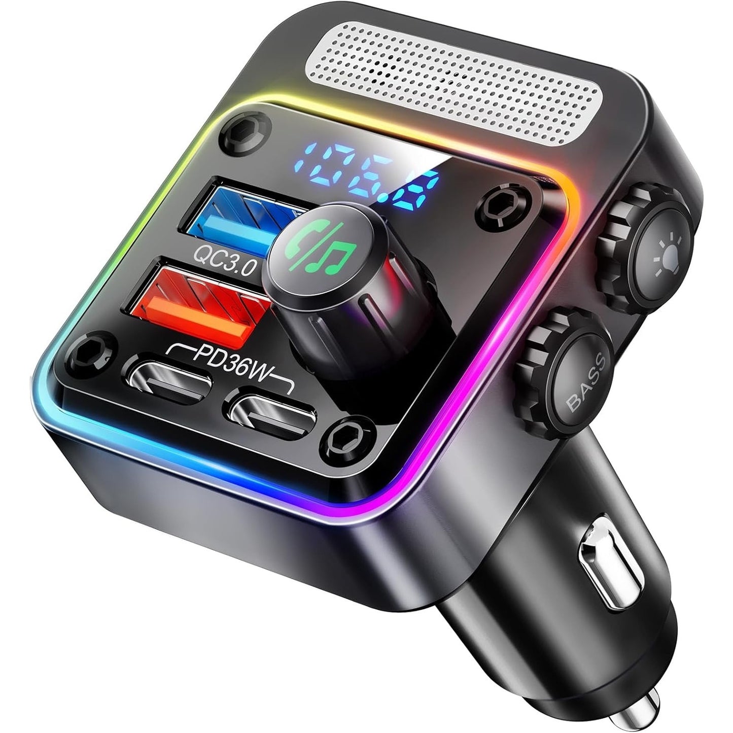 Nulaxy 54W Bluetooth 5.3 Car Adapter Charger 4-Port Fast Charging [PD36W & QC3.0 18W], Wireless Radio FM Transmitter With Deep Bass Player, 5 Colors LED Backlit, Hands-Free Calling, Support USB Drive.