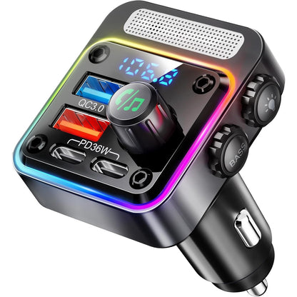 Nulaxy 54W Bluetooth 5.3 Car Adapter Charger 4-Port Fast Charging [PD36W & QC3.0 18W], Wireless Radio FM Transmitter With Deep Bass Player, 5 Colors LED Backlit, Hands-Free Calling, Support USB Drive.