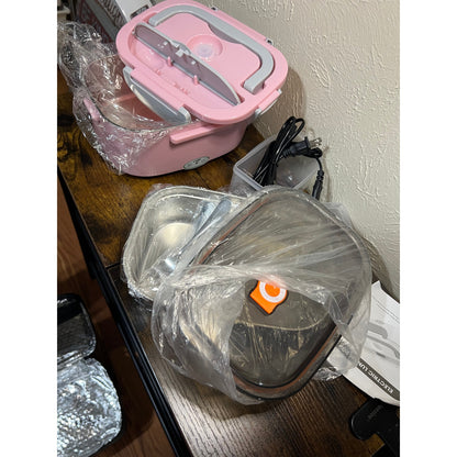 Eocolz Electric Lunch Box Food Heater 80-100W, Food Warmer With Dual Container 1.5L Portable Heated Lunch Box For Car Truck Work Stainless Steel Fork & Spoon 12/24/110V For Adults PINK