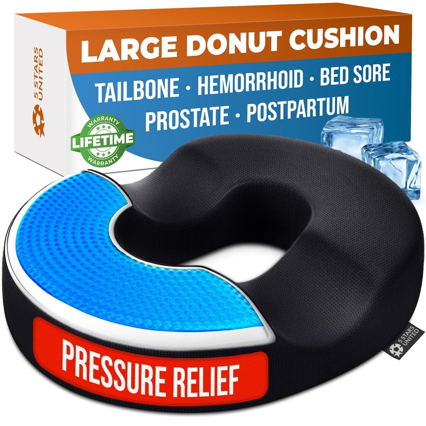 5 STARS UNITED Donut Pillow Hemorrhoid Tailbone Cushion–Large CushioN,Black Mesh