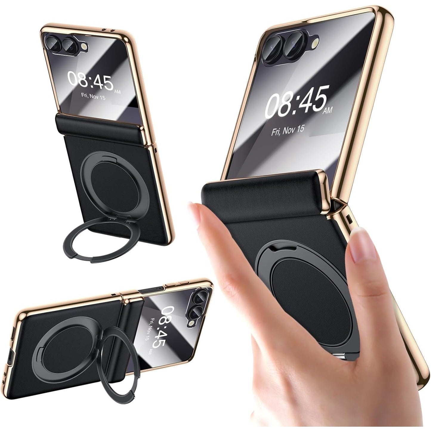 YOOVEI For Galaxy Z Flip 6 Case Luxury Leather With Screen Protector [Hinge Protection],Fit For Magsafe,Magnetic Kickstand & Ring Holder For Samsung Z Flip 6 Case Black.