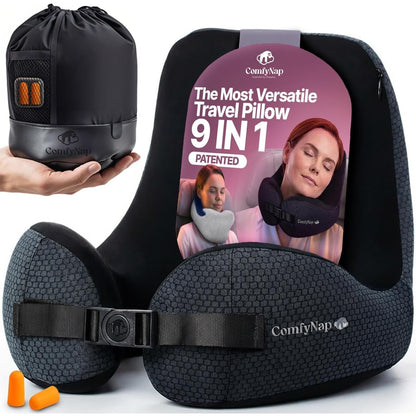 ComfyNap® Versatile Travel Neck Pillow For Airplane [Patented], 9 Positions In 3 Techniques, Plane Pillow With Pure Memory Foam, Travel Pillow With HeadRest Flight Sleep, Travel Essential - Mercury.