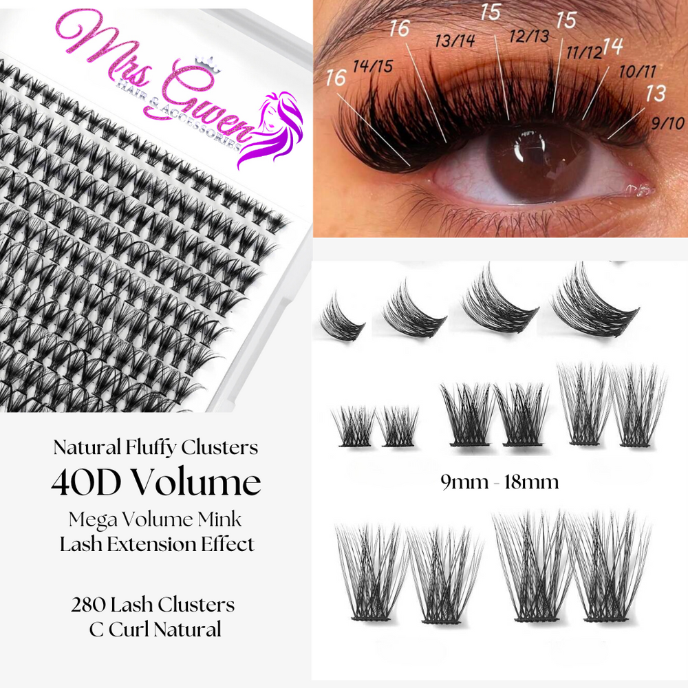 280pcs Mixed Length C Curl 40D Reusable Cluster Lashes DIY Faux Mink Eyelash Extensions for Easy Application, Natural & Fluffy Look, Perfect for Beginners 9-18mm Variety Packs