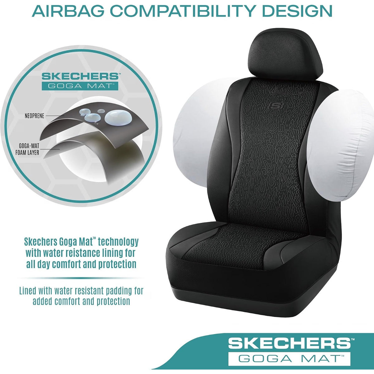 Skechers GOGA Mat Seat Covers,Universal Fit for Most Cars,Trucks,SUVs,Black 2pc
