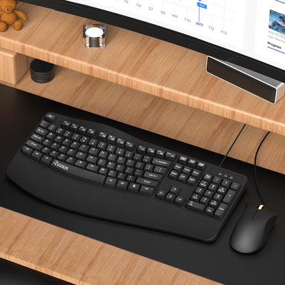 RECCAZR Ergonomic Keyboard, Wired Computer USB Keyboard with Wrist Rest,Black