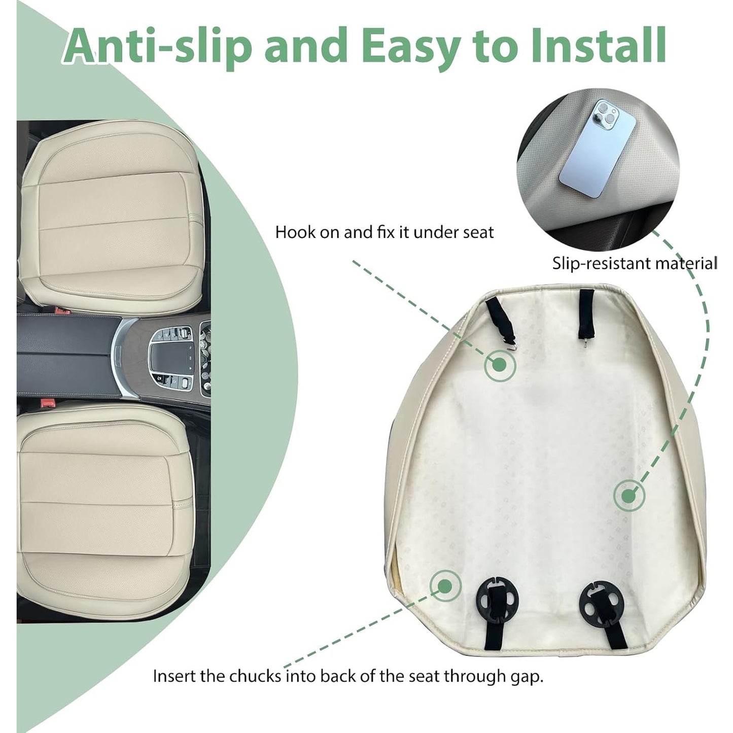 2 Pack Leather Front Car Seat Cover Bottom Only, Anti-Slip Padded Seat Cushion, Full Wrap Seat Protector With Storage Function Universal Fit For Most Cars, SUV, Pick-Up Trucks (-2 pc Light Beige)