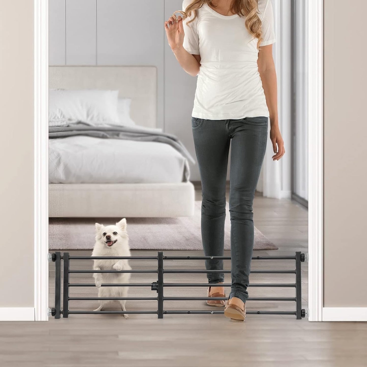 Malier Indoor Dog Gate With Door, 26-41" Extra Wide Full Metal Pet Gate Short Dog Gate For Stairs, Pressure Mount 10'' Tall Small Puppy Low Gate Easy Step Over For Doorways-Black
