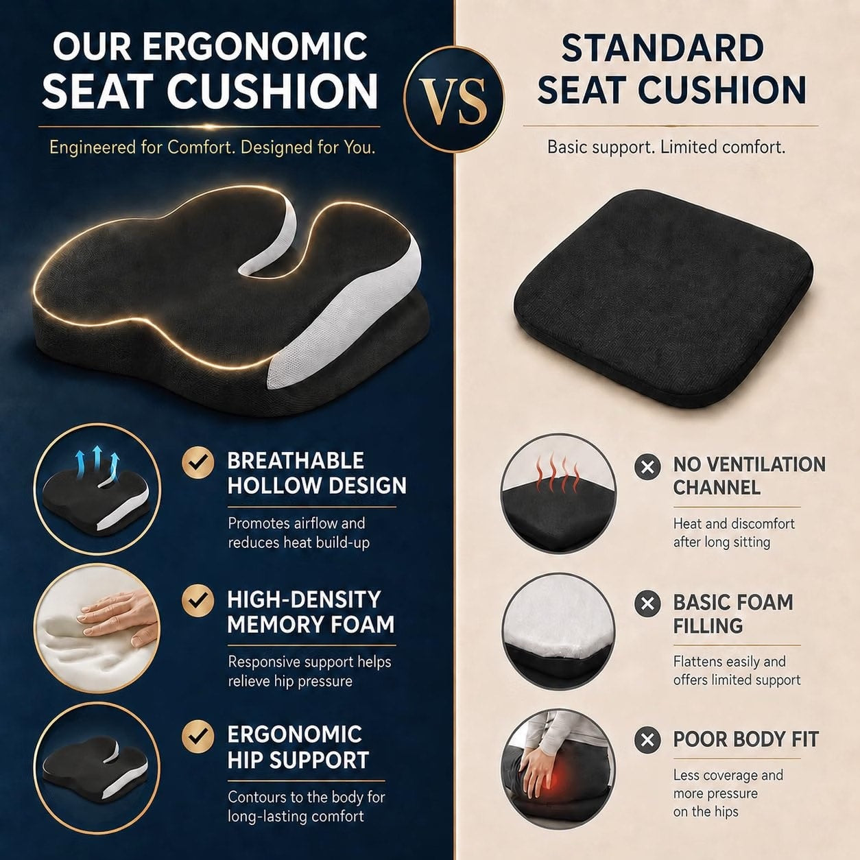 Memory Foam Ergonomic Seat Cushion for Office Chairs Pain Relief