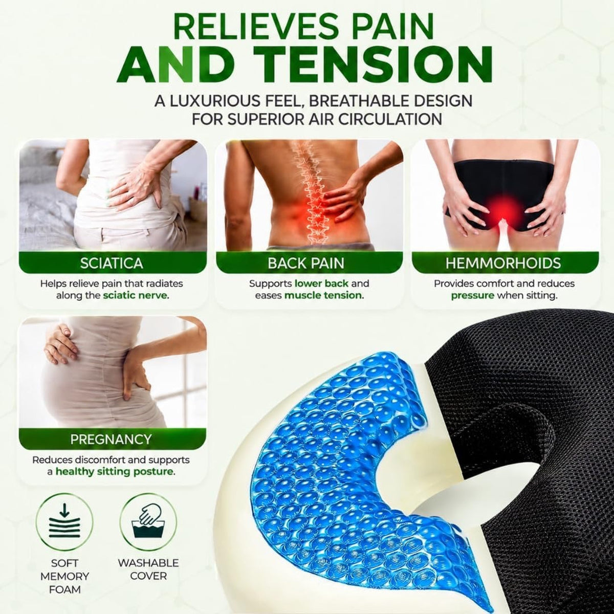 AnboCare Donut Gel Sitting Pillow-Orthopedic Memory Foam For Tailbone Pain-BLACK