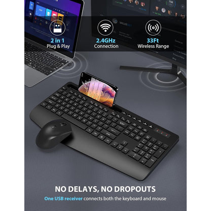 Wireless Keyboard And Mouse Combo - Full-Sized Ergonomic Keyboard With Wrist Rest, Phone Holder, Sleep Mode, Silent 2.4GHz Cordless Keyboard Mouse Combo For Computer, Laptop, PC, Mac, Windows -Trueque
