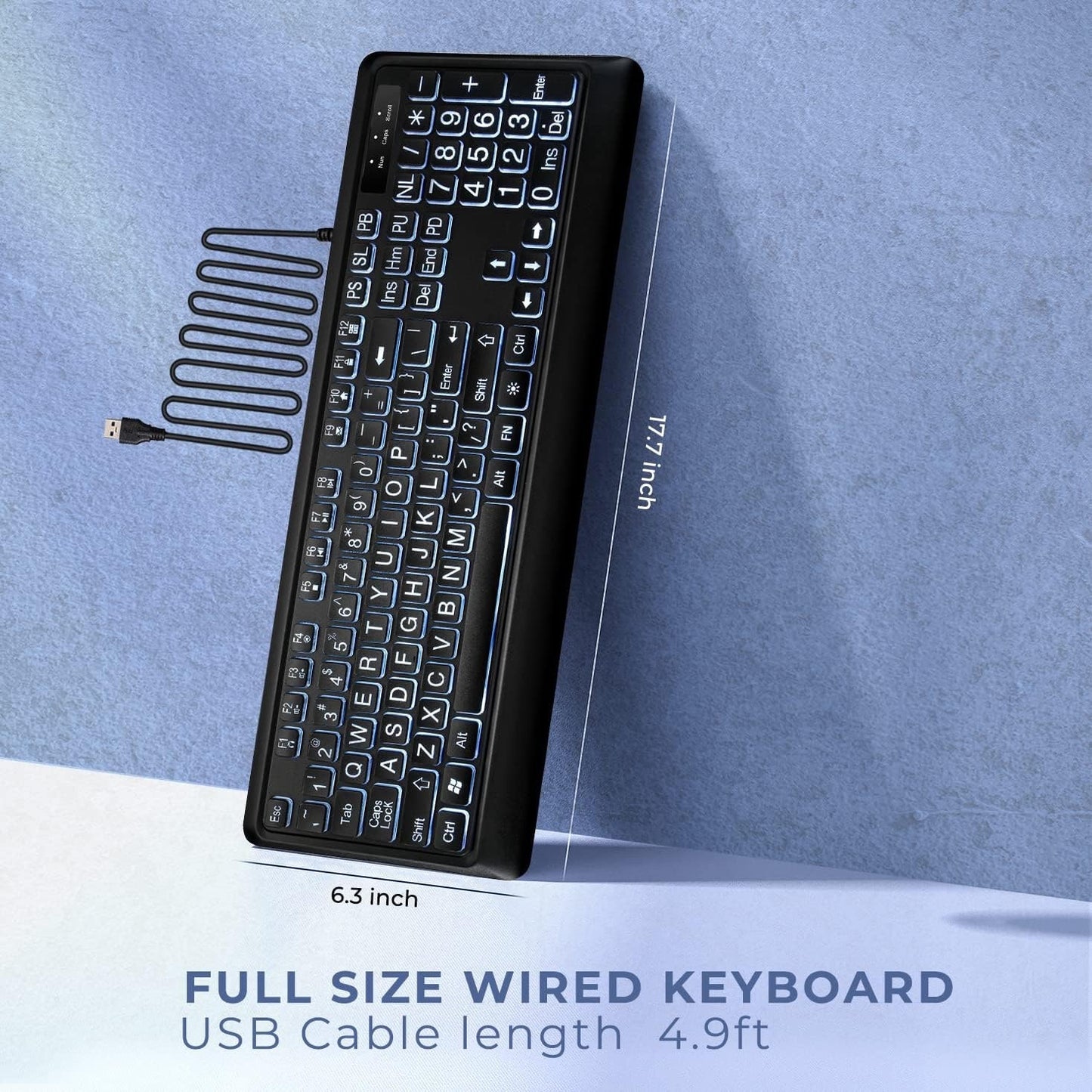 KOPJIPPOM Large Print Backlit Keyboard, USB Wired Computer Keyboard, Full Size Keyboard With White Illuminated LED Compatible For Windows Desktop, Laptop, PC, Gaming, Black
