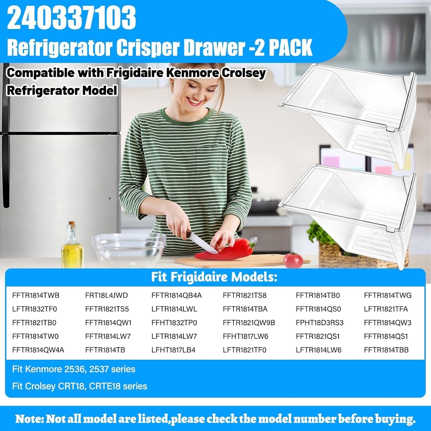 [2 PACK] Upgraded 240337103 Refrigerator Crisper Drawers Bins CompatibleFrigidai