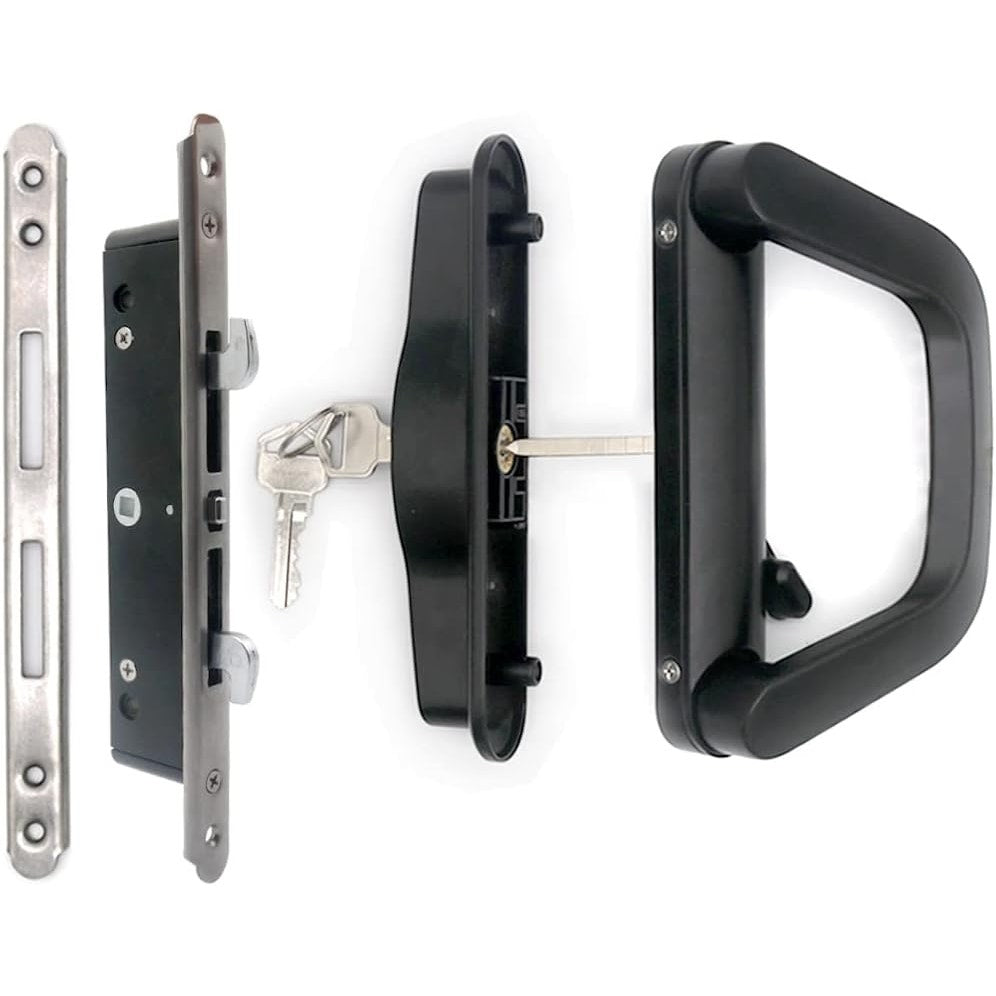 ALLYWASAI Sliding Patio Door Handle Set With Mortise Lock, Suitable For Sliding Glass Patio Door Thickness From 1.5in To 2in, 4-15/16" Screw Holes, Need To Drill, Reversible Design, Keyed, Black