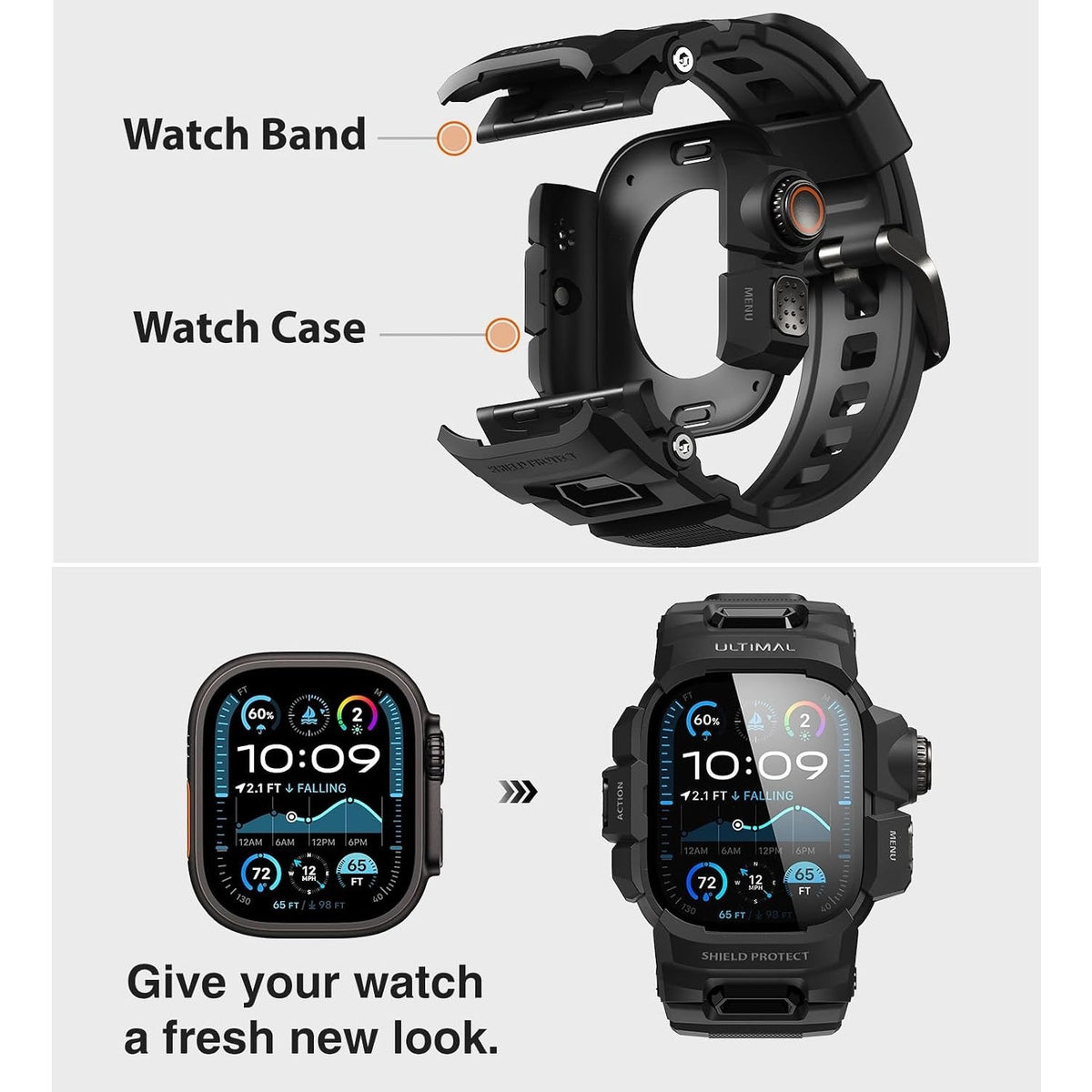 ULTIMAL Rugged Case With Band For Apple Watch 49mm,Compatible With Black, 49mm
