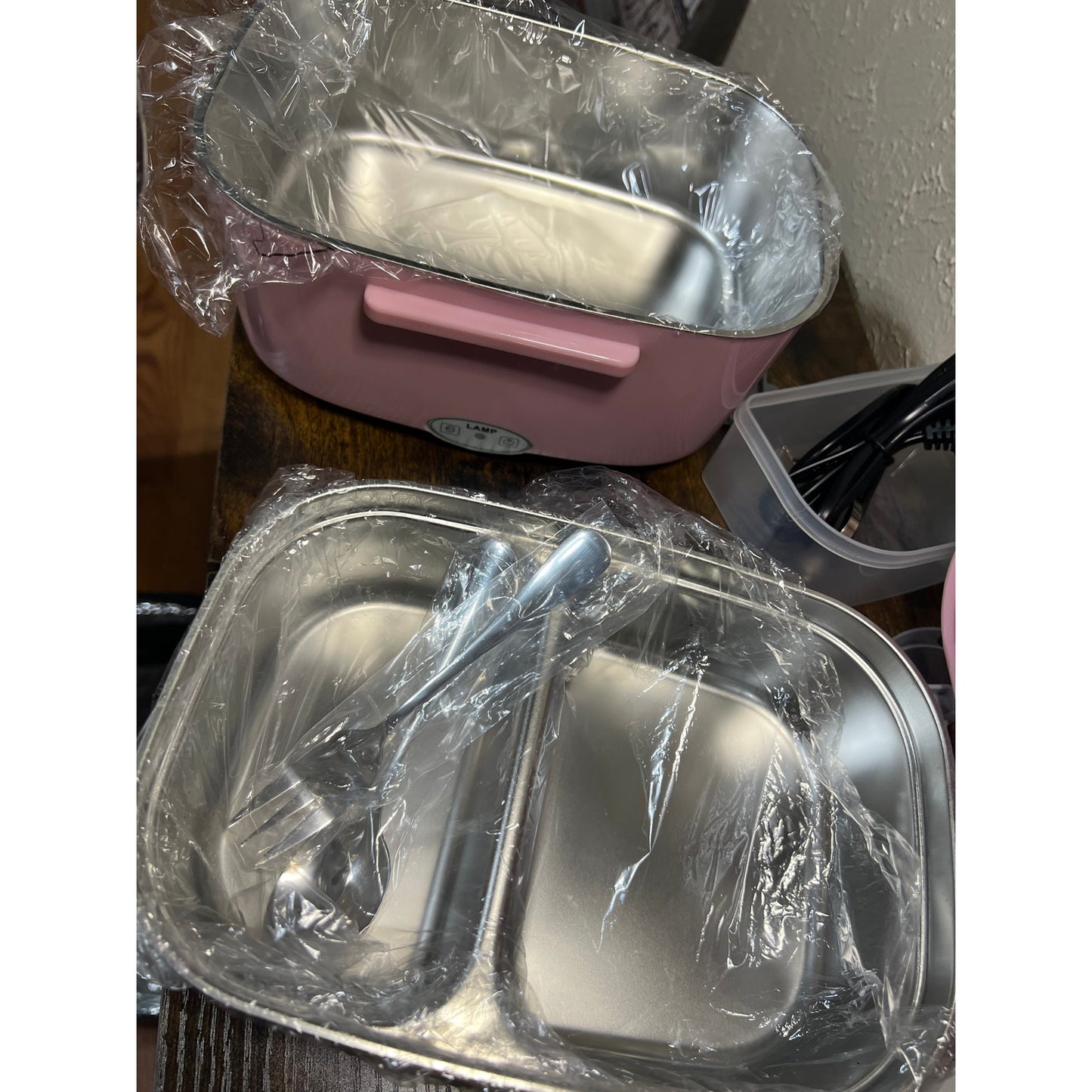 Eocolz Electric Lunch Box Food Heater 80-100W, Food Warmer With Dual Container 1.5L Portable Heated Lunch Box For Car Truck Work Stainless Steel Fork & Spoon 12/24/110V For Adults PINK