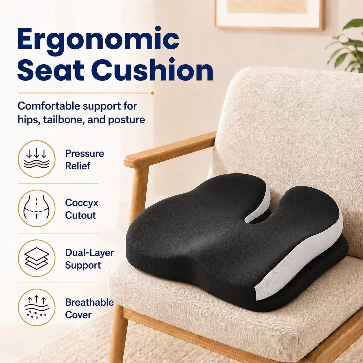 Memory Foam Ergonomic Seat Cushion for Office Chairs Pain Relief