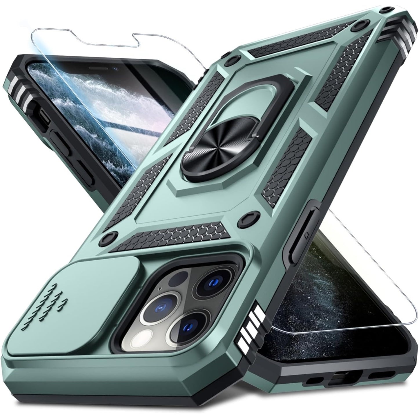 Janmitta Case For IPhone 11 Pro Max Phone Cover Built In Slide Camera Lens Cover+Screen Protector,Heavy Duty Shockproof Full Body PhoneCase With Finger Ring Holder Kickstand,Dark Green