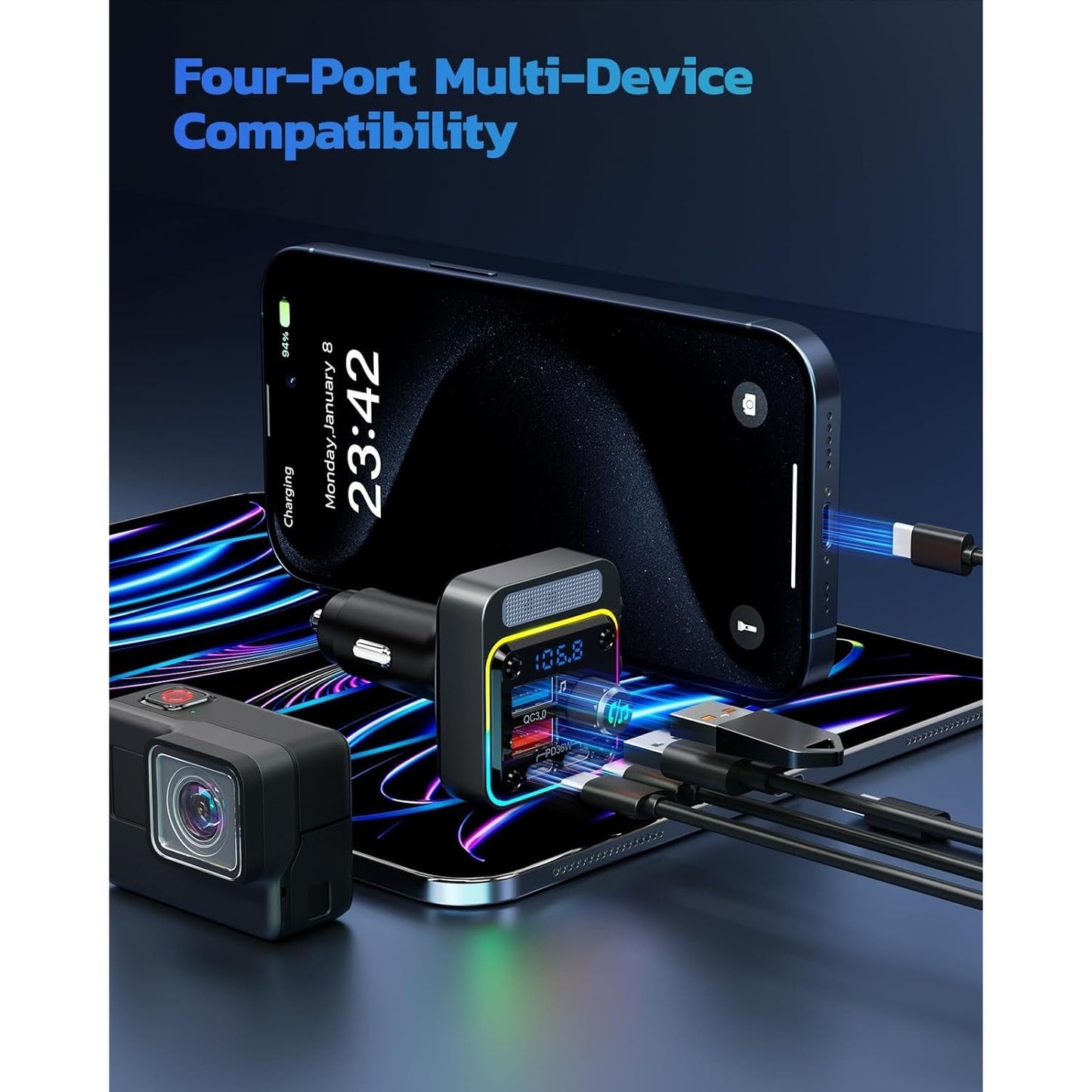 Nulaxy 54W Bluetooth 5.3 Car Adapter Charger 4-Port Fast Charging [PD36W & QC3.0 18W], Wireless Radio FM Transmitter With Deep Bass Player, 5 Colors LED Backlit, Hands-Free Calling, Support USB Drive.