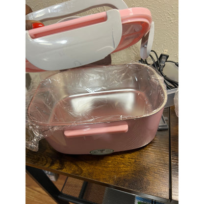 Eocolz Electric Lunch Box Food Heater 80-100W, Food Warmer With Dual Container 1.5L Portable Heated Lunch Box For Car Truck Work Stainless Steel Fork & Spoon 12/24/110V For Adults PINK