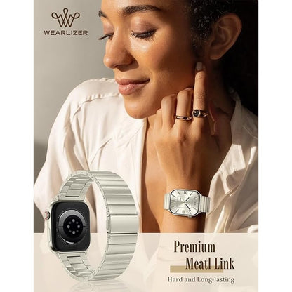 Wearlizer Two Tone Metal Band Compatible With Apple Watch Bands 42/44/45/46/49mm Women Men, Dressy Rectangular Chain Design Stainless Steel Bracelet For IWatch Series 11-1/SE/Ultra Starlight