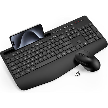 Wireless Keyboard And Mouse Combo - Full-Sized Ergonomic Keyboard With Wrist Rest, Phone Holder, Sleep Mode, Silent 2.4GHz Cordless Keyboard Mouse Combo For Computer, Laptop, PC, Mac, Windows -Trueque
