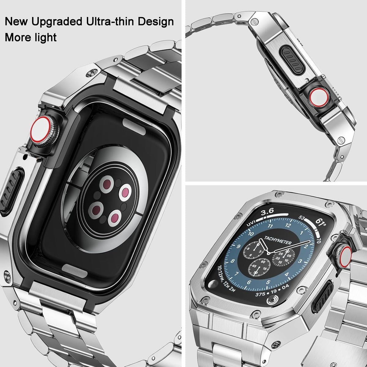 BAITEYOU Stainless Steel Watch Band With Case Compatible With Apple Watch-Silver