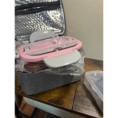 Eocolz Electric Lunch Box Food Heater 80-100W, Food Warmer With Dual Container 1.5L Portable Heated Lunch Box For Car Truck Work Stainless Steel Fork & Spoon 12/24/110V For Adults PINK