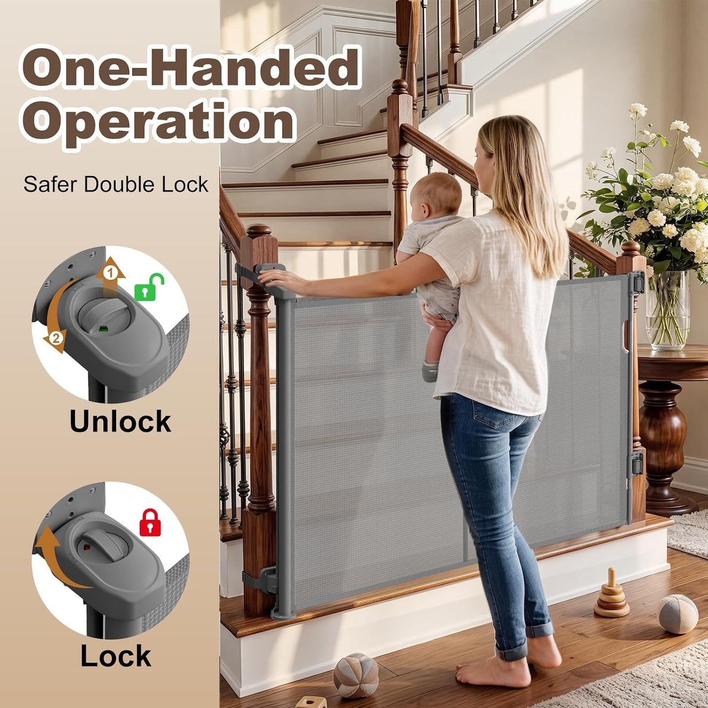 Upgraded Retractable Baby Gates For Stairs & Banister, Mesh Dog Gate (Gray)