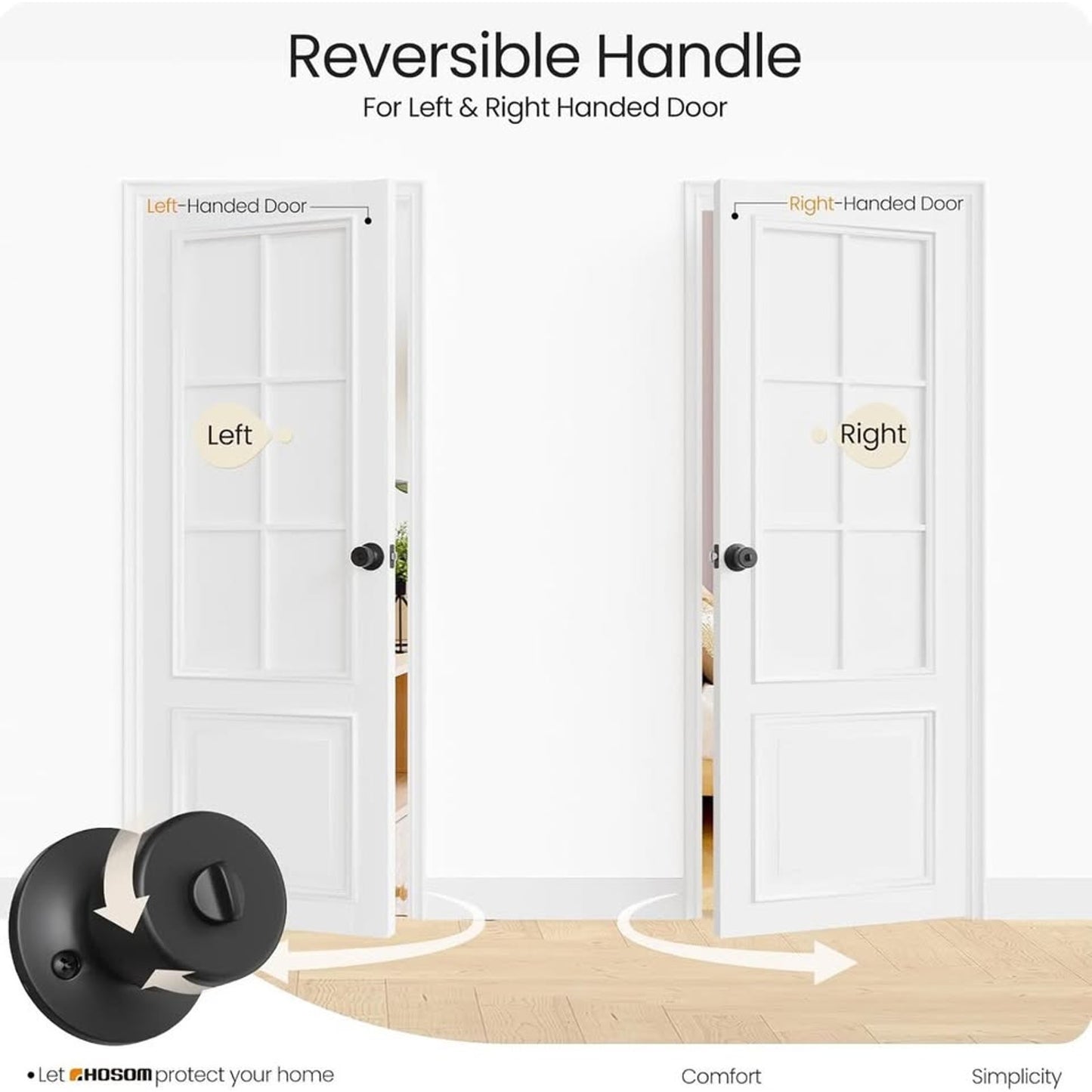 HOSOM Privacy Door Knob With Lock, Matte Black Door Knob Set Door Handles-Black