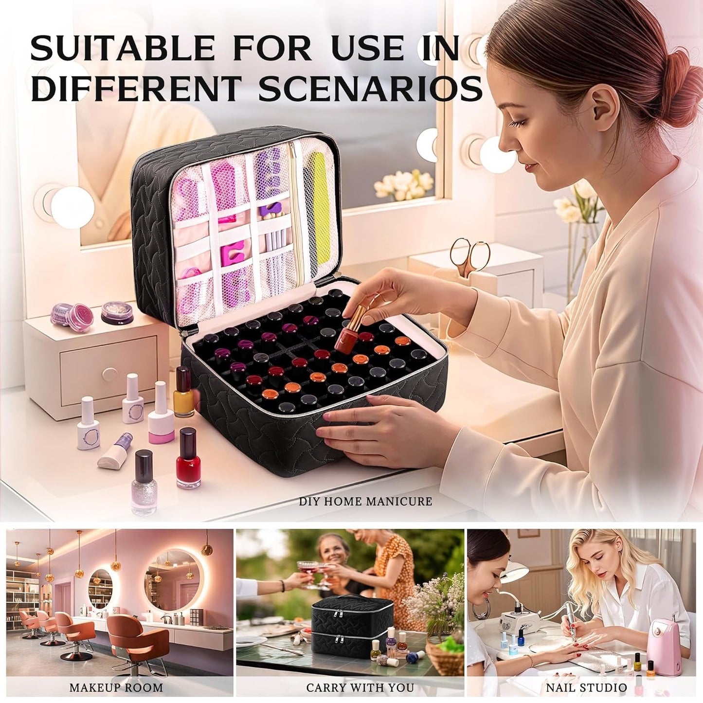 DreamGenius Nail Polish Organizer Case Holds 42 Bottles, Portable Double-Layer Nail Polish Storage