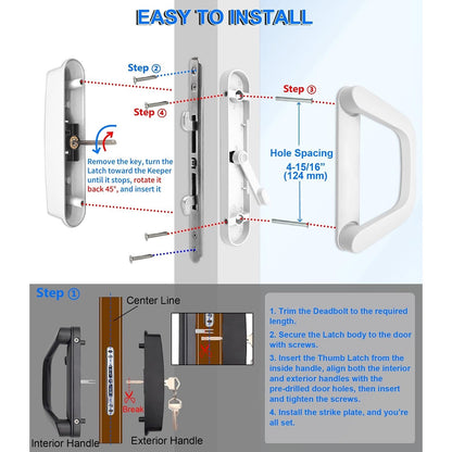 ALLYWASAI Sliding Patio Door Handle Set With Mortise Lock, Suitable For Sliding Glass Patio Door Thickness From 1.5in To 2in, 4-15/16" Screw Holes, Need To Drill, Reversible Design, Keyed, Black