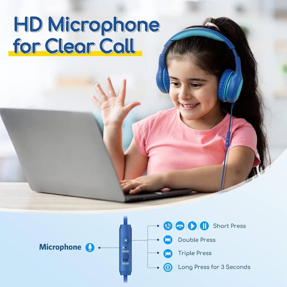 EarFun Kids Headphones Wired With Microphone, 85/94dB Volume Limit Headphon-Blue