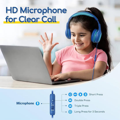 EarFun Kids Headphones Wired With Microphone, 85/94dB Volume Limit Headphon-Blue