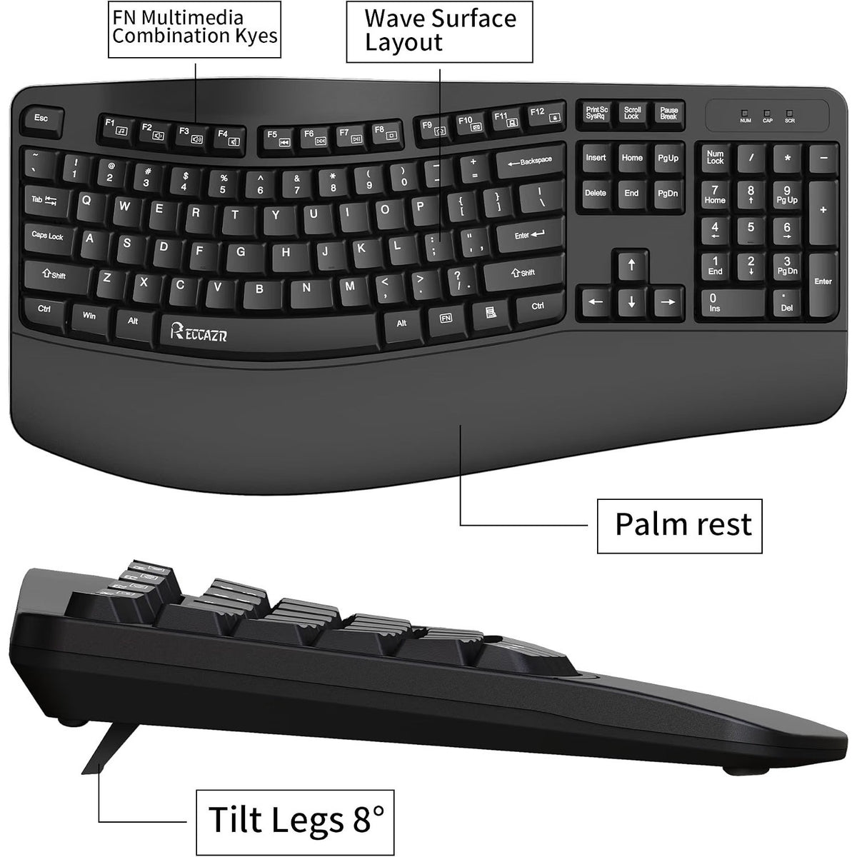 RECCAZR Ergonomic Keyboard, Wired Computer USB Keyboard with Wrist Rest,Black