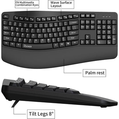 RECCAZR Ergonomic Keyboard, Wired Computer USB Keyboard with Wrist Rest,Black