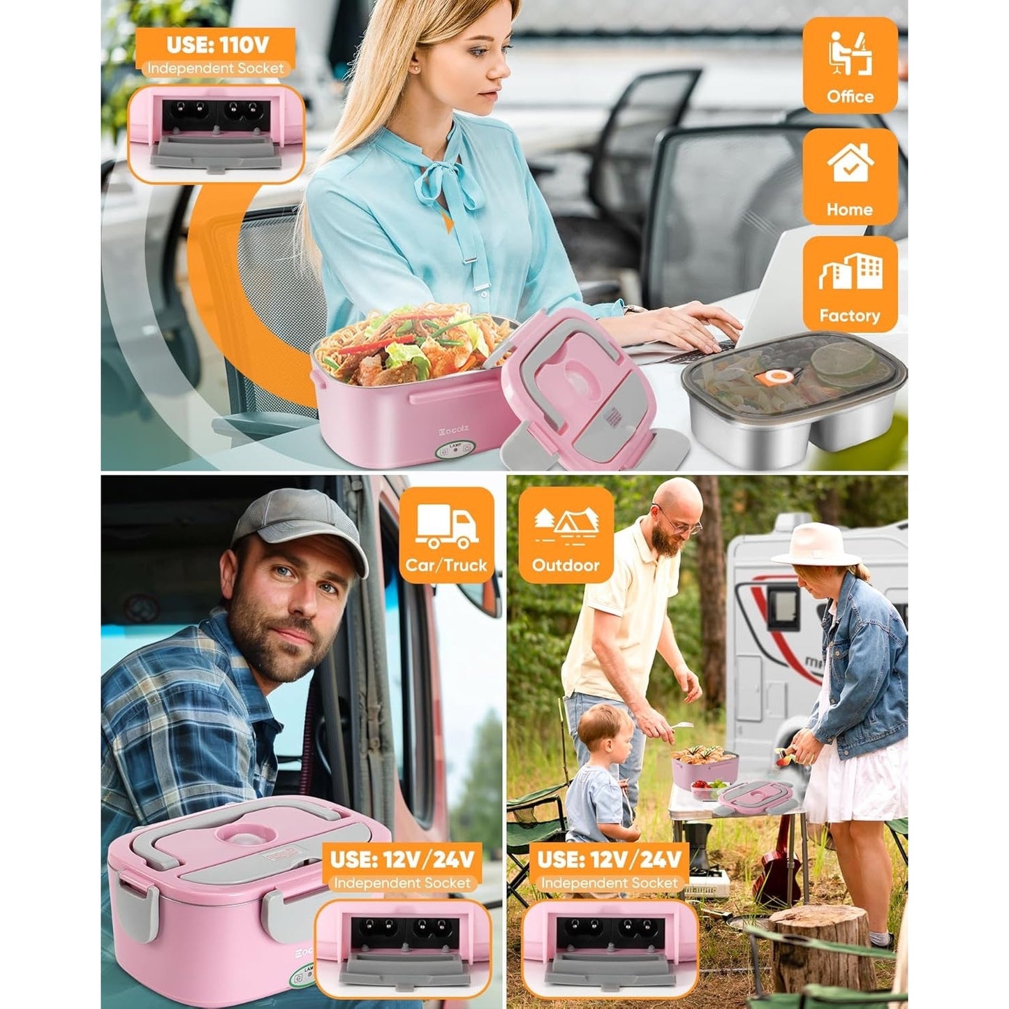 Eocolz Electric Lunch Box Food Heater 80-100W, Food Warmer With Dual Container 1.5L Portable Heated Lunch Box For Car Truck Work Stainless Steel Fork & Spoon 12/24/110V For Adults PINK