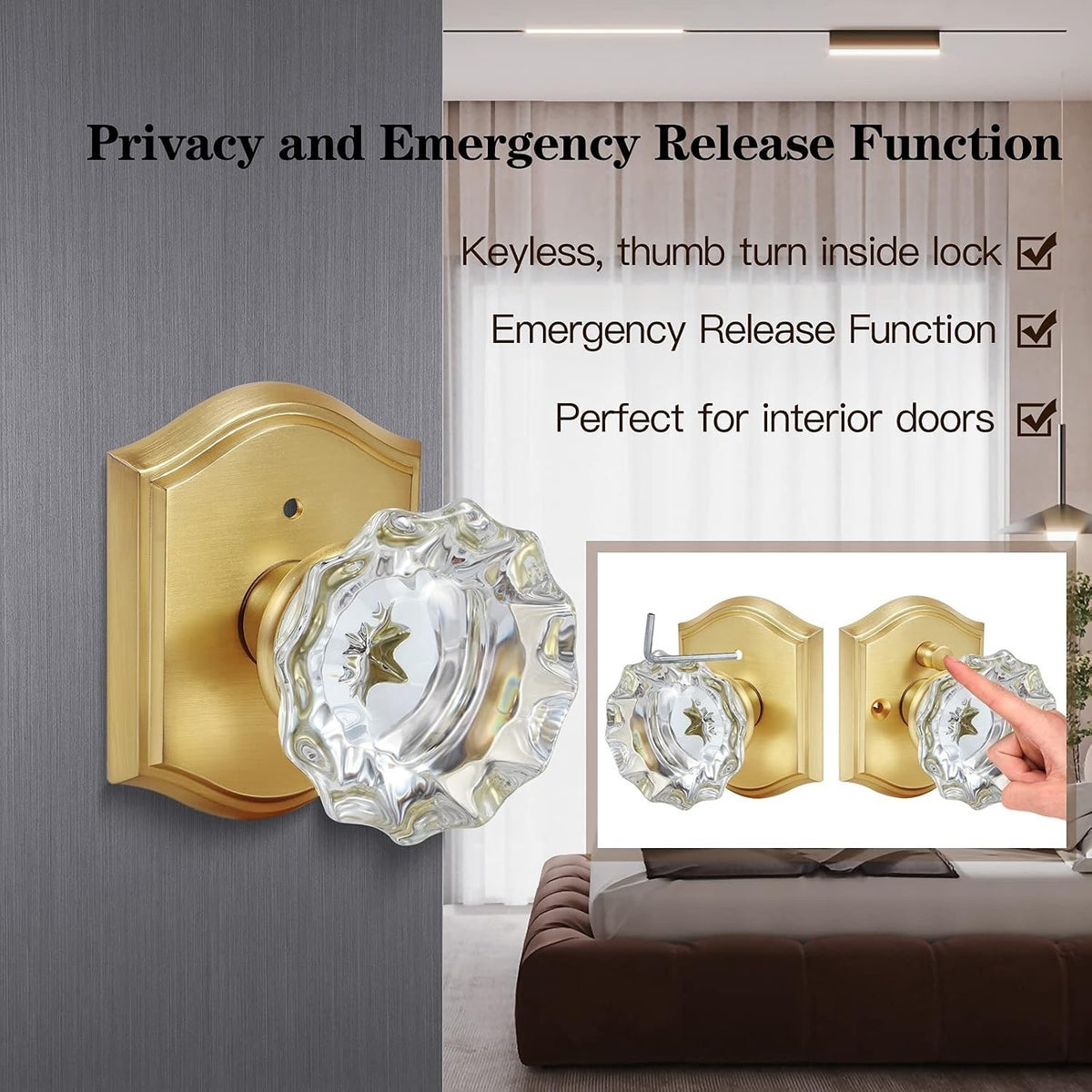Premium Glass Door Knobs, Bathroom Bedroom Door Knobs with LocPrivacySatin Brass
