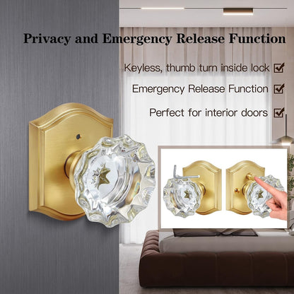 Premium Glass Door Knobs, Bathroom Bedroom Door Knobs with LocPrivacySatin Brass