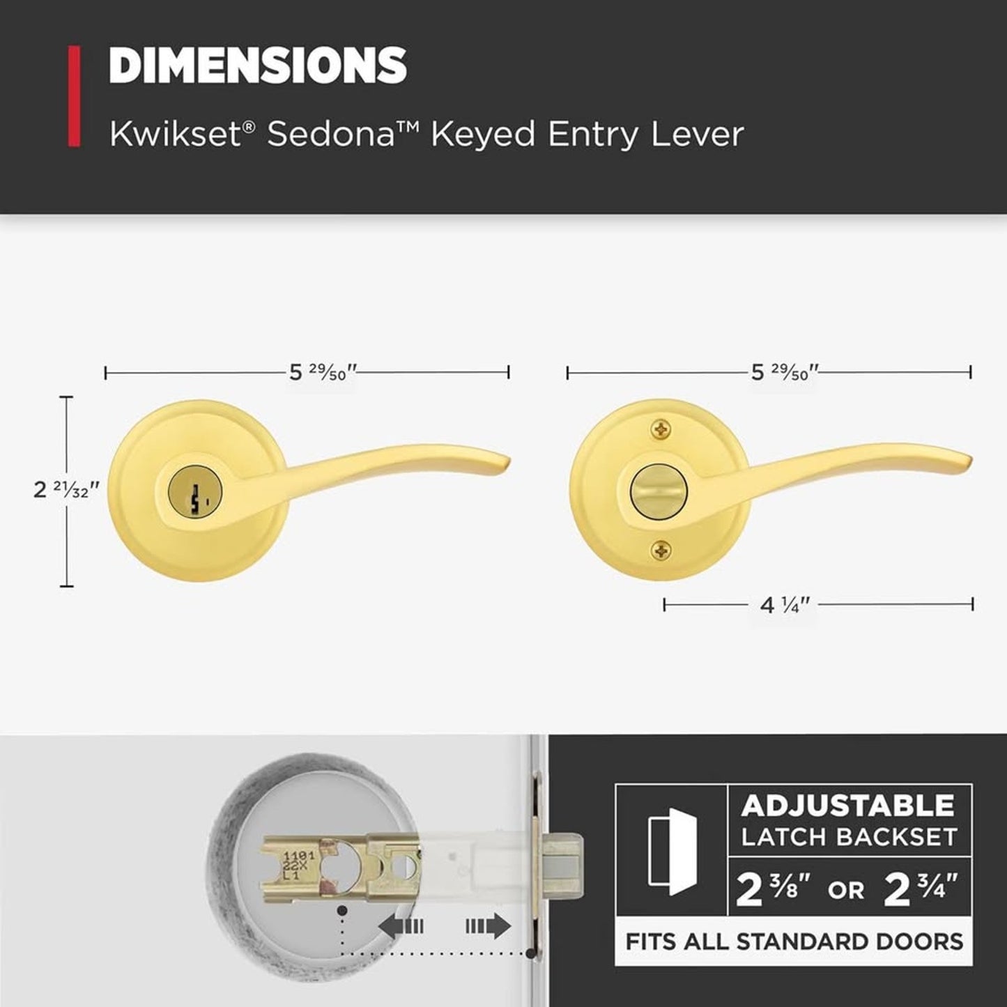 Kwikset Sedona Entry Door Handle With Lock And Key, Secure Keyed Reversible Lever Exterior, For Front Entrance And Bedrooms, Satin Brass, Pick Resistant Smartkey Rekey Security And Microban (No keys / Missing)