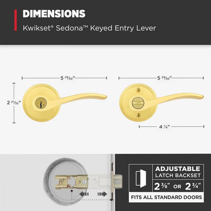 Kwikset Sedona Entry Door Handle With Lock And Key, Secure Keyed Reversible Lever Exterior, For Front Entrance And Bedrooms, Satin Brass, Pick Resistant Smartkey Rekey Security And Microban (No keys / Missing)