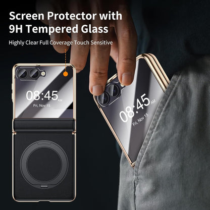 YOOVEI For Galaxy Z Flip 6 Case Luxury Leather With Screen Protector [Hinge Protection],Fit For Magsafe,Magnetic Kickstand & Ring Holder For Samsung Z Flip 6 Case Black.