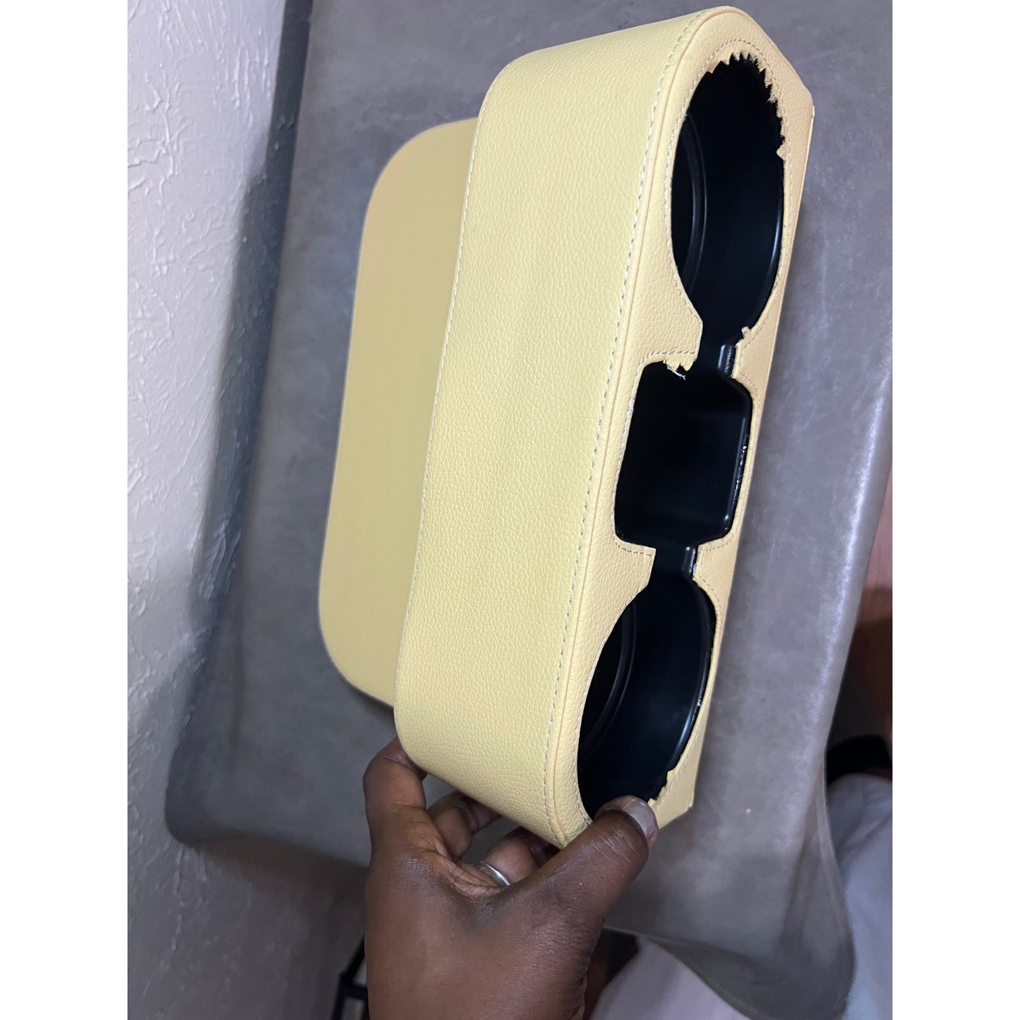IOKONE Coin Side Pocket Console Side Pocket Leather Cover Car Cup Holder Auto Front Seat Organizer Cell Mobile Phone Holder (Beige with Yellow Undertone)