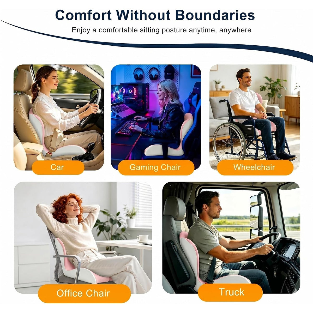 BANKQF X-Large Seat Cushion Office Chair and Car with Lumbar Support Pillow-PINK