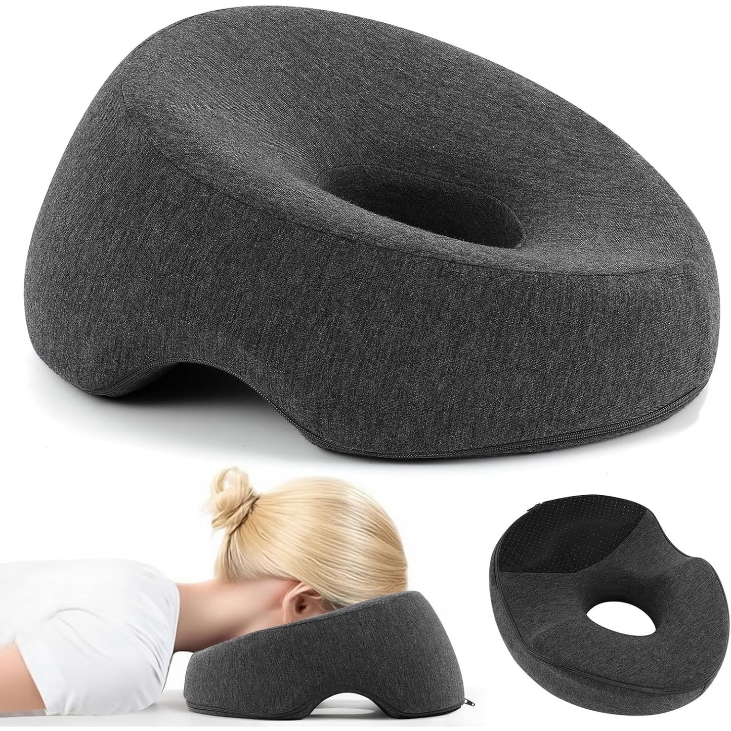 K.TAKHOI Face Down Adjustable Memory Foam Pillow With 2 Air Vents - Stomach Sleep & Post-Eye Surgery Headrest With Massage Cushion For Recovery (Dark Gray, Medium).