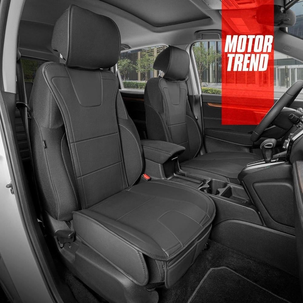 Motor Trend Faux Leather Car Seat Covers, 2 Piece Set – Premium Car Seat Cushions For Front Seats, Padded Car Seat Protectors With Storage Pocket, Seat Covers For Cars Trucks SUV (Black)