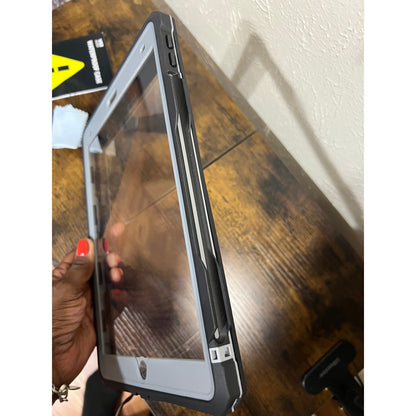 MRUOZRUI 10.2 Waterproof Case Compatible With IPad 9th 8th 7th Generation 2021/2020/2019, Built-In Screen Protector With Strap Stand Pencil Holder, Full Body Heavy Duty Protective Shockproof-Black/Gray. (small crack)