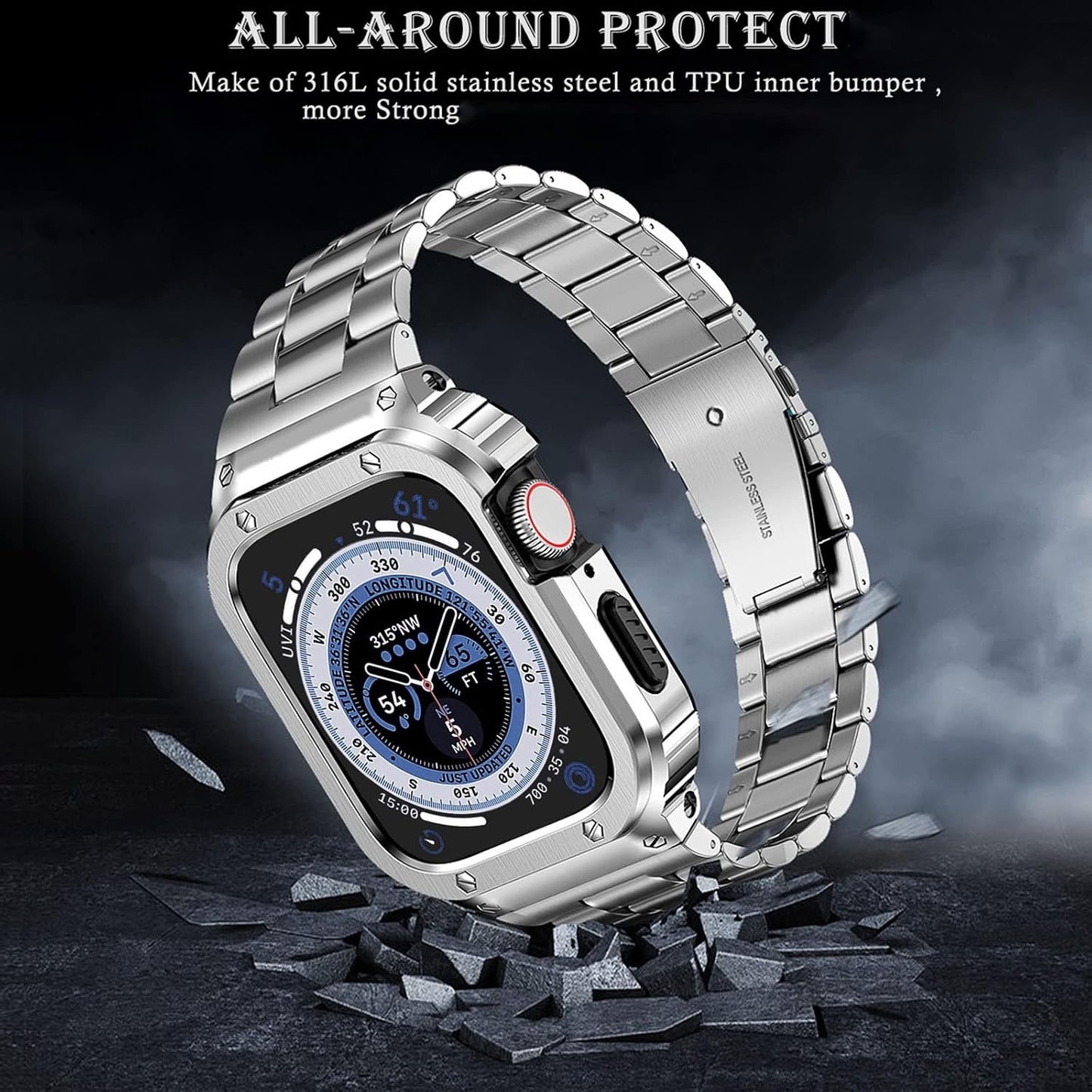 MioHHR Stainless Steel Band And Case Compatible With Apple Watch Band 46mm Series 11 10, Men Metal Protective Bumper Cover For IWatch 46mm Series 11/10, Silver.